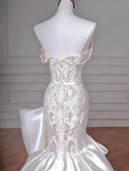 Robe de mariée sirène intemporelle sans bretelles, blanche, en dentelle, style corset, coupe ajustée AQ056