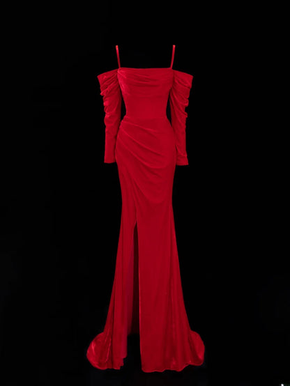 Schlichtes, formelles, schulterfreies, rotes Meerjungfrauenkleid mit Schlitz und Raffungen – ein beeindruckendes langes Ballkleid oder Abendkleid SA056