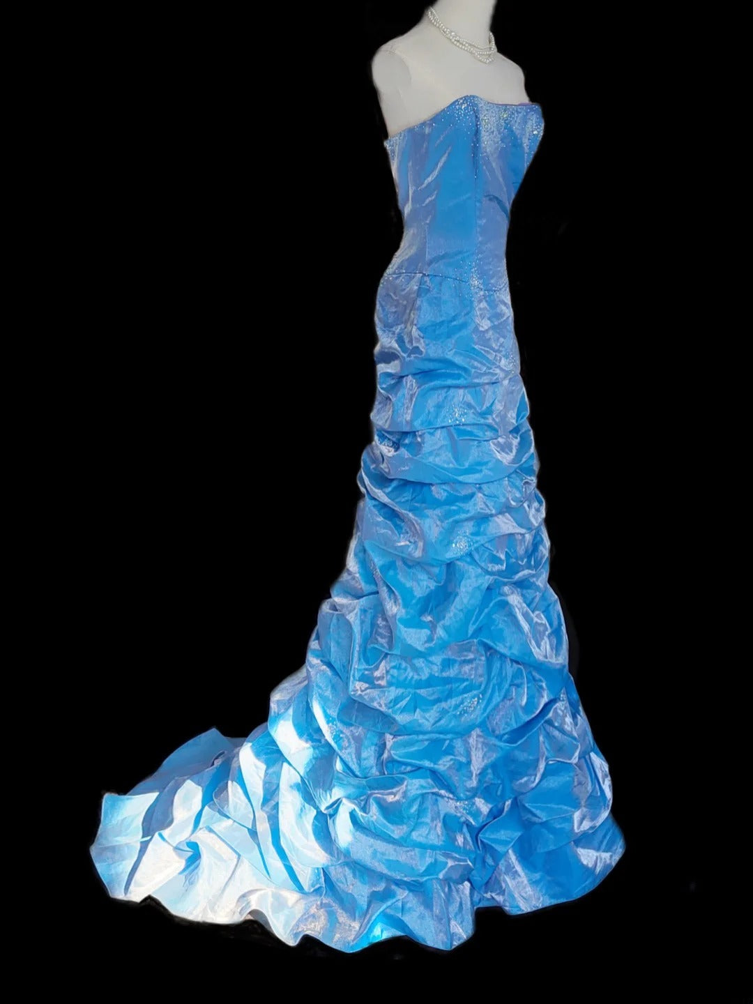 Vintage 1950s A line Strapless Blue Organza With Beads Long Prom Dresses High School Senior Graduation Dance Evening Gown AS056