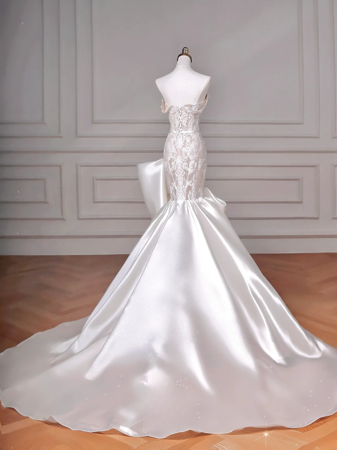 Robe de mariée sirène intemporelle sans bretelles, blanche, en dentelle, style corset, coupe ajustée AQ056
