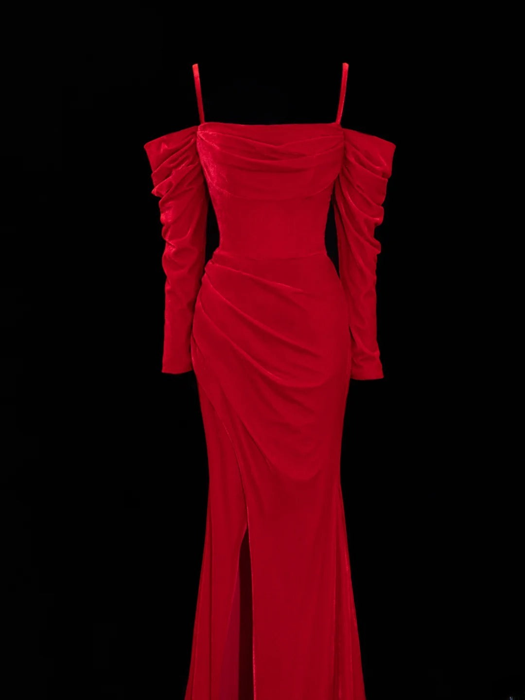 Schlichtes, formelles, schulterfreies, rotes Meerjungfrauenkleid mit Schlitz und Raffungen – ein beeindruckendes langes Ballkleid oder Abendkleid SA056