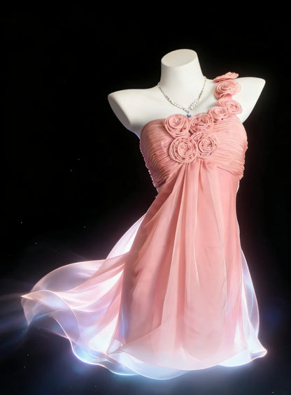 Vintage A-Linien-Cocktailkleid mit One-Shoulder-Ausschnitt, Falten und Rüschen, Hoco Gowns Kurzes Homecoming-Kleid Hoco Gowns AS056