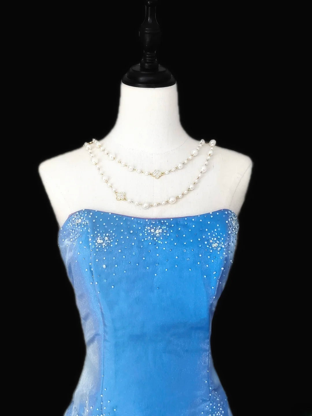 Vintage 1950s A line Strapless Blue Organza With Beads Long Prom Dresses High School Senior Graduation Dance Evening Gown AS056