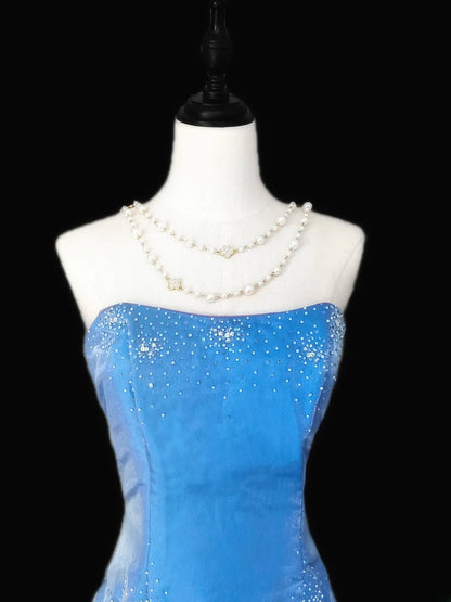 Vintage 1950s A line Strapless Blue Organza With Beads Long Prom Dresses High School Senior Graduation Dance Evening Gown AS056