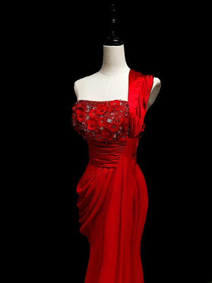 Robe de bal longue sirène classique à une épaule en mousseline rouge à volants, tenue de soirée pour la remise des diplômes de fin d'études secondaires AS057