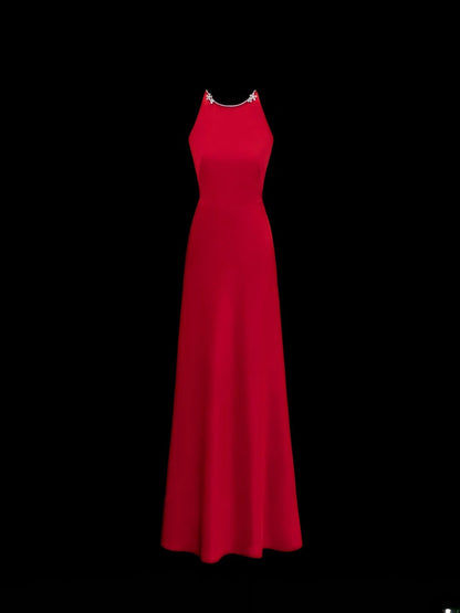 Schlichtes, formelles A-Linien-Kleid mit Rundhalsausschnitt in Rot und Perlenbesatz – ein beeindruckendes langes Ballkleid oder Abendkleid SA057