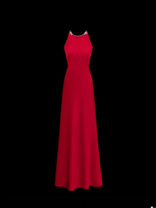 Simple Formal A Line Scoop Red With Beads Style Impress Long Prom Dresses Party Gowns SA057