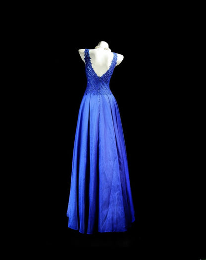 Vintage Prom Dresses A Line Scoop Royal Blue Satin With Lace Long Evening Dress Formal Outfits RB5863