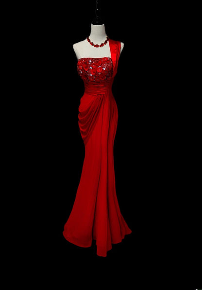 Robe de bal longue sirène classique à une épaule en mousseline rouge à volants, tenue de soirée pour la remise des diplômes de fin d'études secondaires AS057
