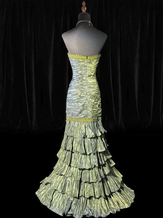 Classy Mermaid Strapless Sleeveless Green Taffeta With Beads Tiered Long Formal Fancy Evening Dresses Dinner Outfits Classy Party Gowns AS057