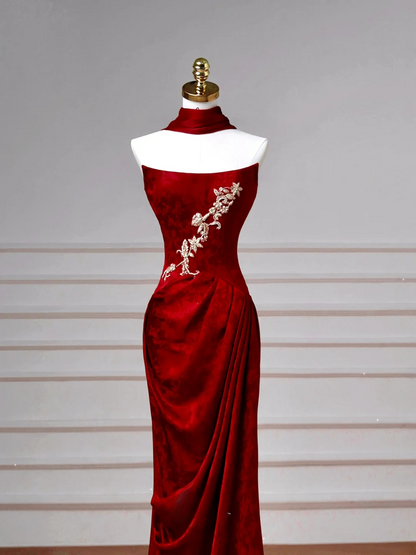 Robes de bal de fin d'année sexy pour lycéennes - Inspiration sirène sans bretelles en satin bordeaux - Robe longue semi-formelle pour diplômée AQ057