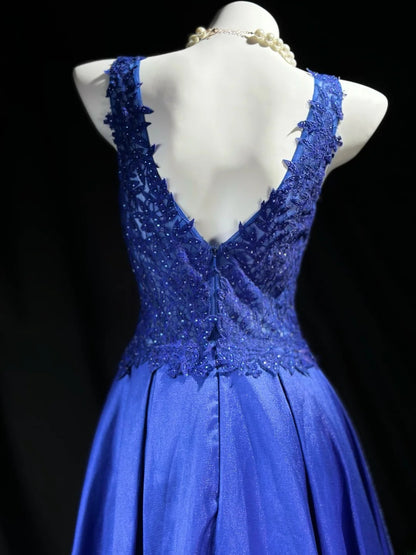 Vintage Prom Dresses A Line Scoop Royal Blue Satin With Lace Long Evening Dress Formal Outfits RB5863