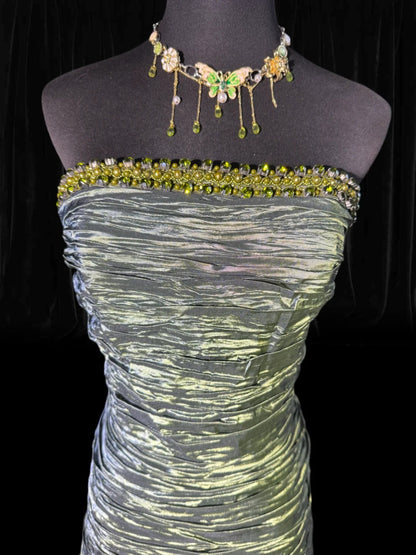 Elegantes, ärmelloses, trägerloses Meerjungfrauen-Abendkleid aus grünem Taft mit Perlenbesatz und Stufenrock, lang, formell, elegant, perfekt für Dinnerpartys (AS057)