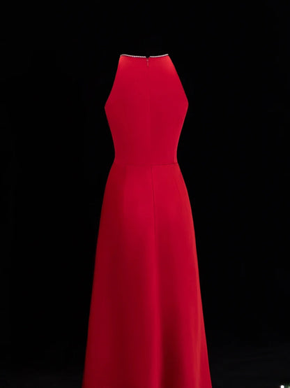 Schlichtes, formelles A-Linien-Kleid mit Rundhalsausschnitt in Rot und Perlenbesatz – ein beeindruckendes langes Ballkleid oder Abendkleid SA057