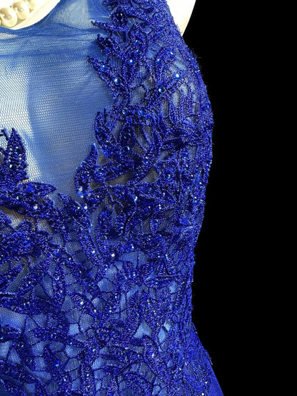 Vintage Prom Dresses A Line Scoop Royal Blue Satin With Lace Long Evening Dress Formal Outfits RB5863