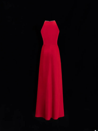 Schlichtes, formelles A-Linien-Kleid mit Rundhalsausschnitt in Rot und Perlenbesatz – ein beeindruckendes langes Ballkleid oder Abendkleid SA057
