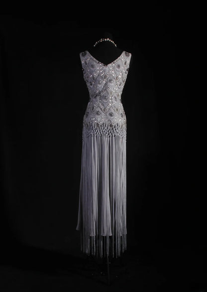 Vintage Etuikleid mit V-Ausschnitt, Spitze, silbergrau, Quasten und Perlen, langes Partykleid im eleganten Retro-Stil der 1950er Jahre, ideal für Geburtstage, Abendessen und Abschlussbälle (AS058)