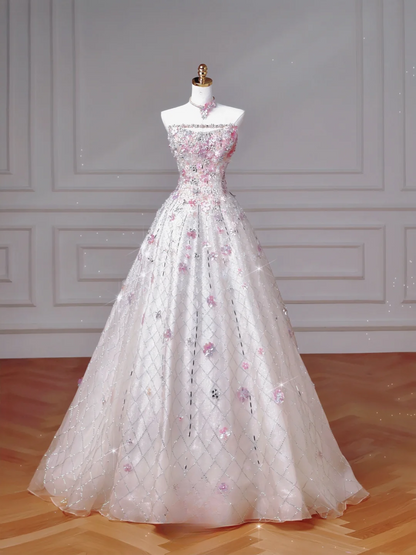 Wunderschönes, trägerloses, langes, weißes Pailletten-Ballkleid mit Perlenbesatz, perfekt für formelle Anlässe wie Abschlussball, Abendveranstaltung oder Partys – ideal für Teenager (AQ059).