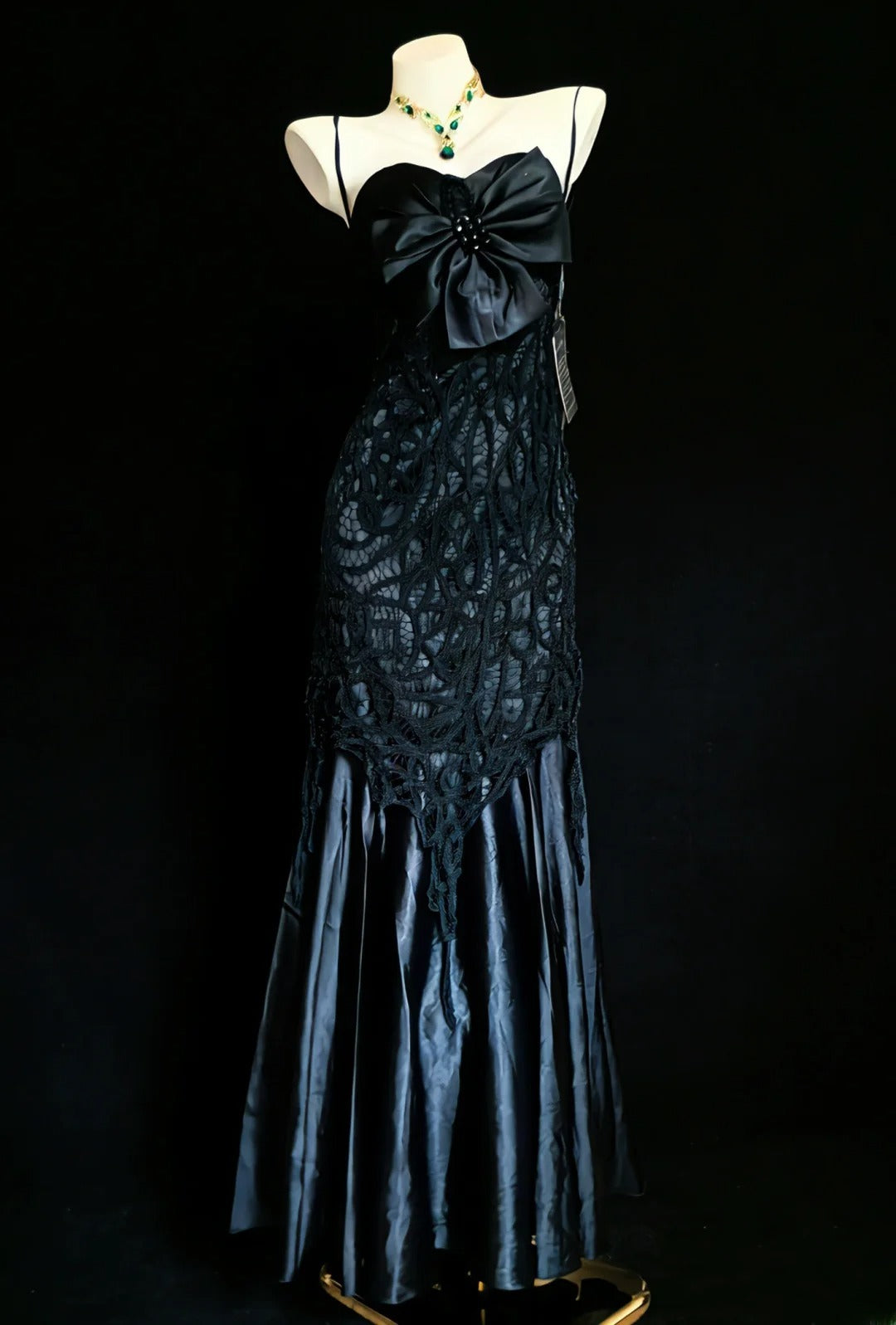 Robe de bal longue sirène rétro années 1950, bretelles spaghetti, bleu marine, corsage en dentelle, AS059
