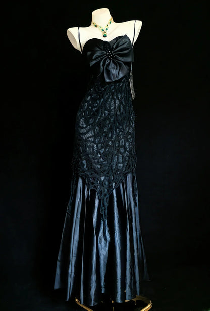 Robe de bal longue sirène rétro années 1950, bretelles spaghetti, bleu marine, corsage en dentelle, AS059