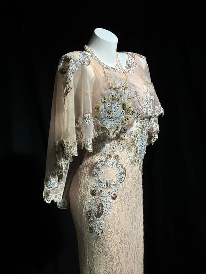 Vintage Prom Dresses Mermaid Scoop Neckline Lace With Cape Long Evening Formal Outfits RB5865