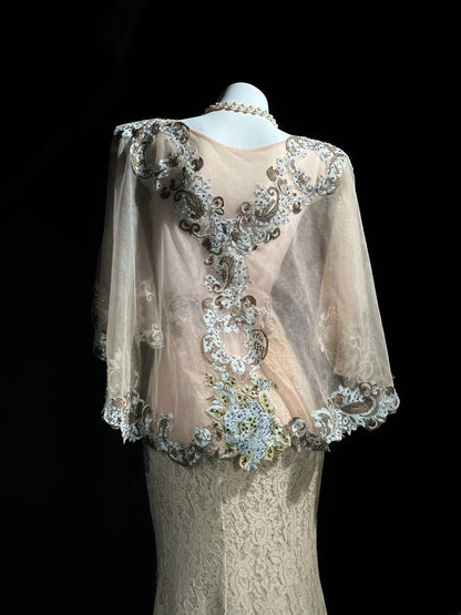 Vintage Prom Dresses Mermaid Scoop Neckline Lace With Cape Long Evening Formal Outfits RB5865