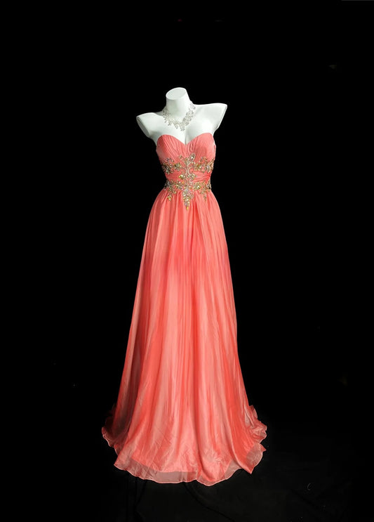 Vintage Prom Dresses A line Sweetheart Coral Pink Chiffon Long Evening Dress Formal Outfits RB5866