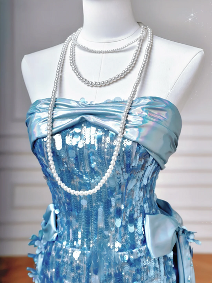 Glitter Sheath Strapless Blue Sequins Long Formal Fancy Prom Evening Dress Dinner Outfits Party Gowns For Teens AQ060
