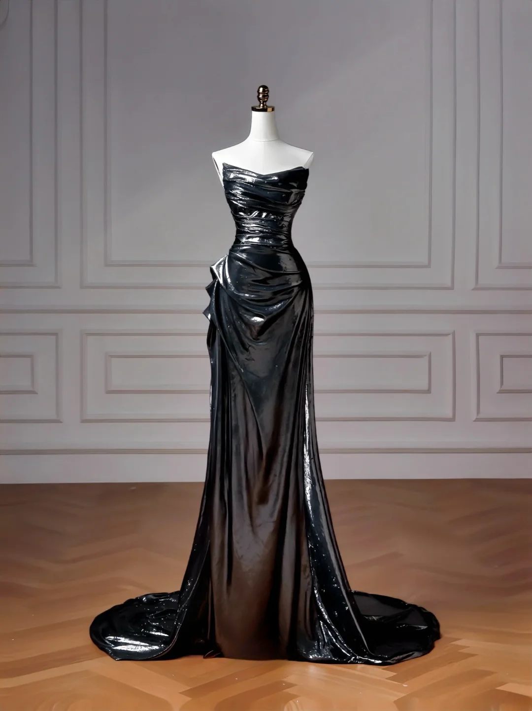 Glitter Mermaid Black Strapless With Removable Sleeves Long Formal Fancy Prom Evening Dress Dinner Outfits Party Gowns For Teens AQ061
