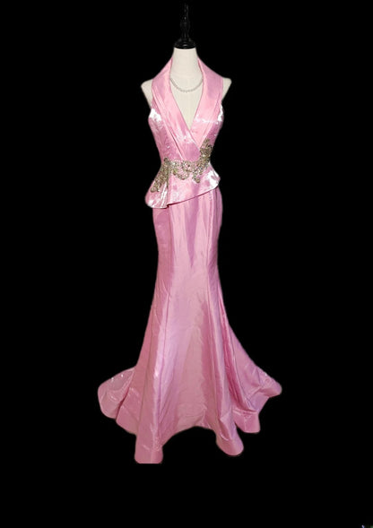 Vintage Meerjungfrauen-Abendkleid aus den 1950er Jahren, rosa mit goldener Spitze, ärmellos, V-Ausschnitt, für Abschlussball, High School, AS033
