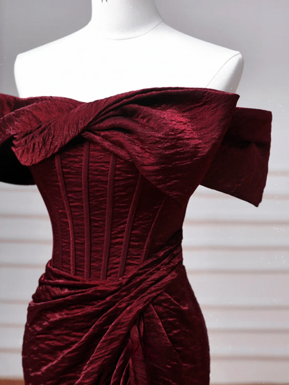 Robe de bal longue bordeaux à épaules dénudées et manches courtes, style sirène simple, référence AQ062