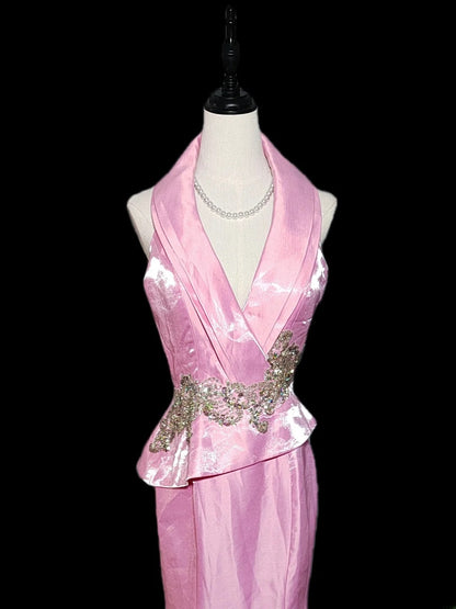 Vintage Meerjungfrauen-Abendkleid aus den 1950er Jahren, rosa mit goldener Spitze, ärmellos, V-Ausschnitt, für Abschlussball, High School, AS033
