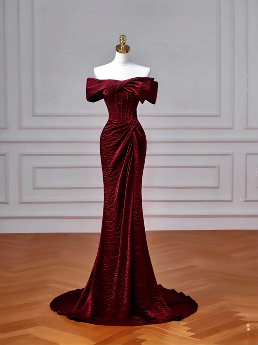 Einfaches, schulterfreies Meerjungfrauenkleid in Burgunderrot mit Ärmeln, langes, formelles Ballkleid, Abendkleid, Partykleid AQ062