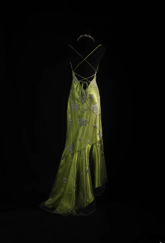 Vintage Mermaid Spaghetti Strap Olive Green Silk Satin 2000s Prom Dress Inspo For Women Girls Formal Party Gowns Lace Formal Dresses AS062