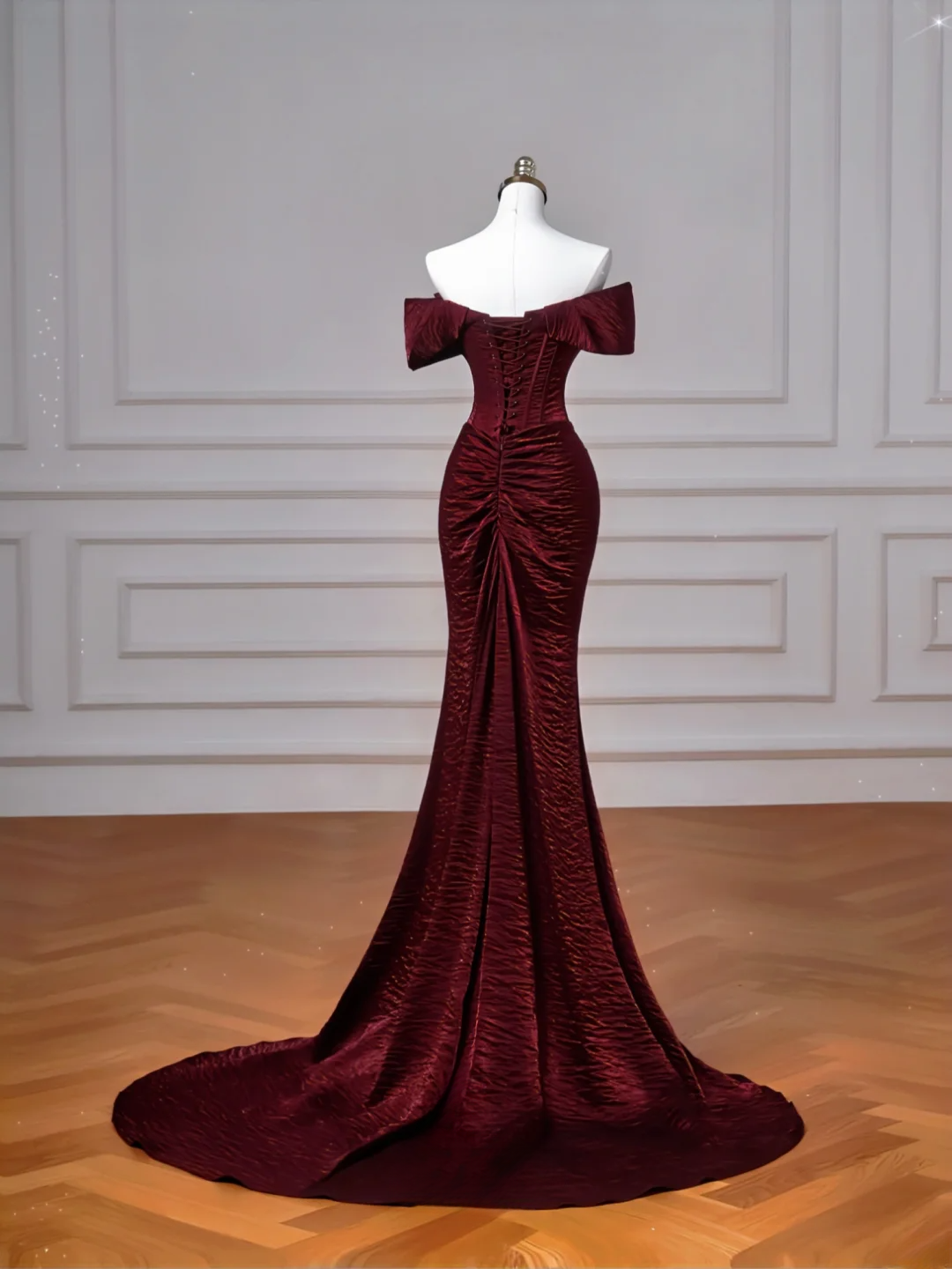 Robe de bal longue bordeaux à épaules dénudées et manches courtes, style sirène simple, référence AQ062