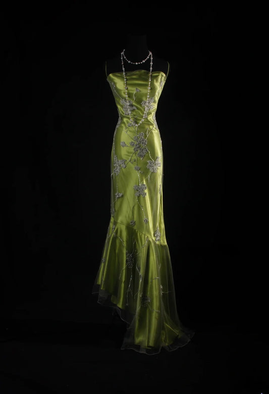 Vintage Mermaid Spaghetti Strap Olive Green Silk Satin 2000s Prom Dress Inspo For Women Girls Formal Party Gowns Lace Formal Dresses AS062
