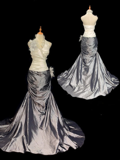 Vintage Prom Dresses Mermaid Halter White Gray Sleeveless With Flowers Long Evening Formal Outfits RB3463