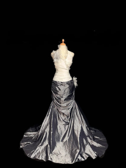 Vintage Prom Dresses Mermaid Halter White Gray Sleeveless With Flowers Long Evening Formal Outfits RB3463
