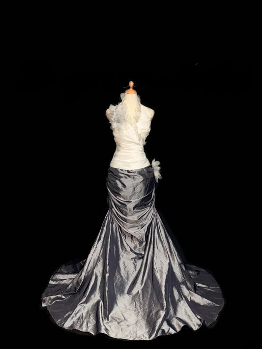 Vintage Prom Dresses Mermaid Halter White Gray Sleeveless With Flowers Long Evening Formal Outfits RB3463