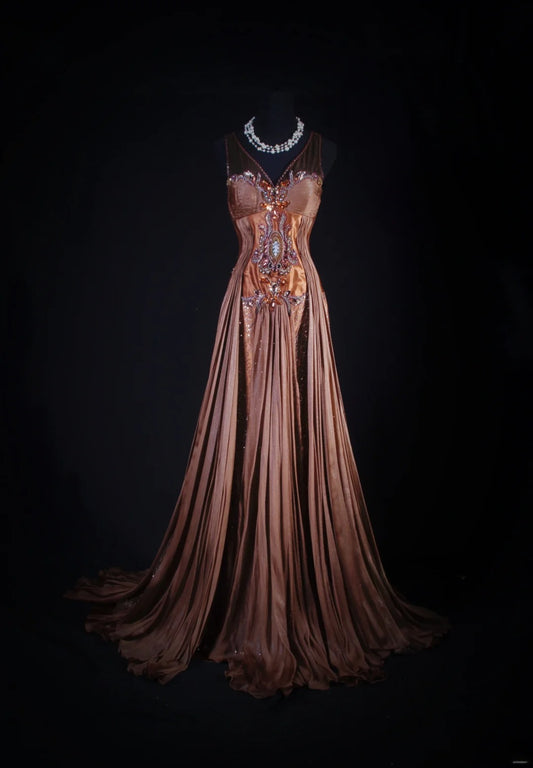 Women's Cocktail Party Gowns 90s Mermaid Brown V Neck Satin With Beads Long Graduation Dinner Outfits Prom Dresses AS064