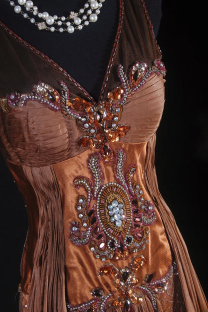 Cocktailkleid für Damen im 90er-Jahre-Meerjungfrauenstil, braun, V-Ausschnitt, Satin mit Perlen, langes Kleid für Abschlussfeiern, Ballkleider AS064