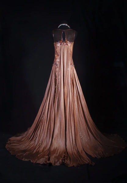 Cocktailkleid für Damen im 90er-Jahre-Meerjungfrauenstil, braun, V-Ausschnitt, Satin mit Perlen, langes Kleid für Abschlussfeiern, Ballkleider AS064