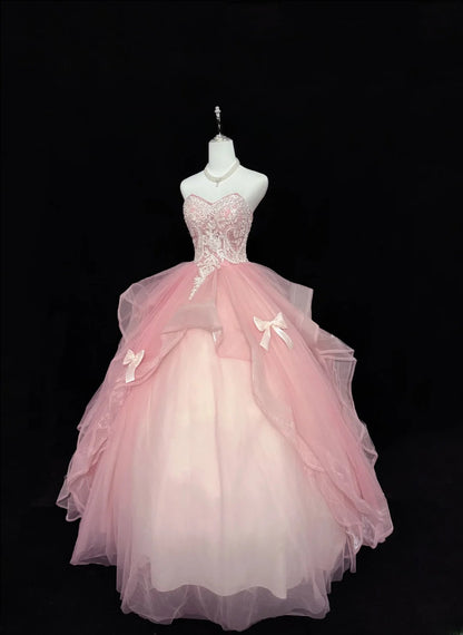 Sweet Ball Gown Sweetheart Pink Tulle With Lace Quince Dress Voluminous Sweet 16 Sweet Sixteen Outfits Vestido de 15 RB7435
