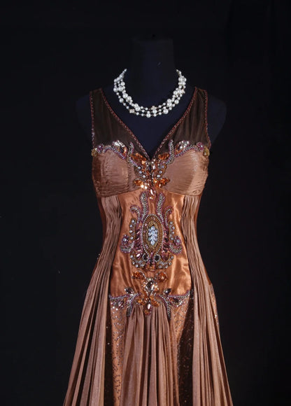 Cocktailkleid für Damen im 90er-Jahre-Meerjungfrauenstil, braun, V-Ausschnitt, Satin mit Perlen, langes Kleid für Abschlussfeiern, Ballkleider AS064