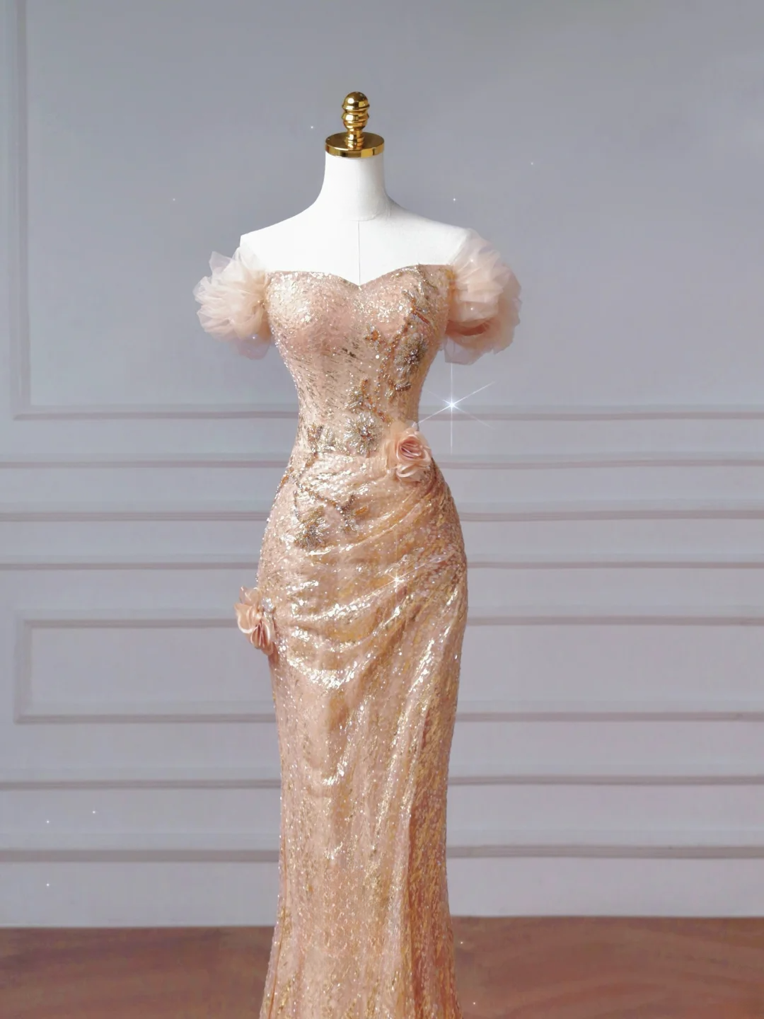 Funkelndes Meerjungfrauen-Kleid in Rosé mit schulterfreiem Ausschnitt und Ärmeln, langes formelles Ballkleid, Abendkleid, Partykleid AQ065