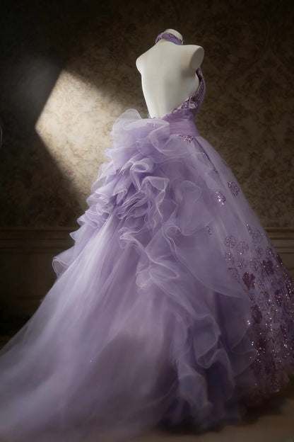 Cute Ball Gown Halter Lilac Sleeveless With Beaded Bodice Tulle Long Quinceanera Dresses Sweet 15 16 Birthday Outfits AS065