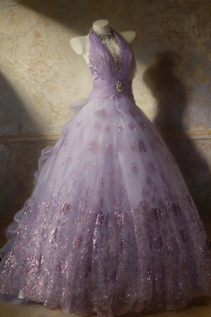 Cute Ball Gown Halter Lilac Sleeveless With Beaded Bodice Tulle Long Quinceanera Dresses Sweet 15 16 Birthday Outfits AS065