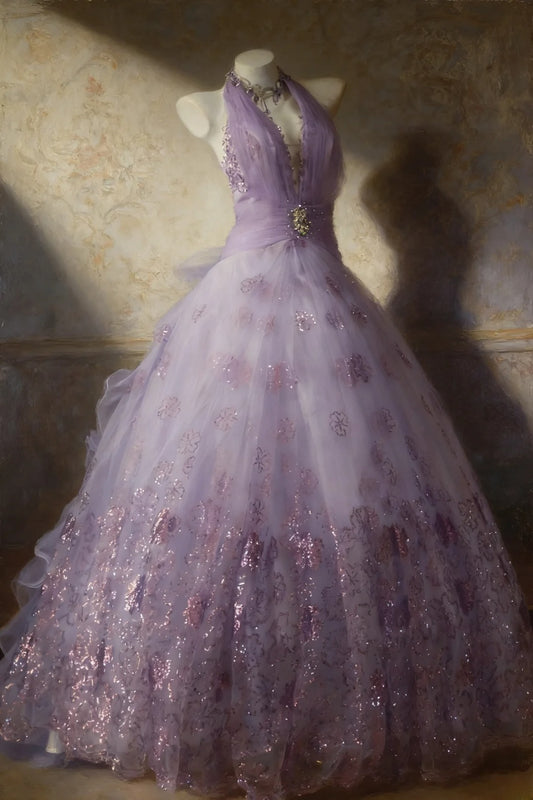 Cute Ball Gown Halter Lilac Sleeveless With Beaded Bodice Tulle Long Quinceanera Dresses Sweet 15 16 Birthday Outfits AS065