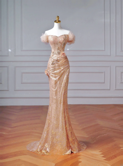 Funkelndes Meerjungfrauen-Kleid in Rosé mit schulterfreiem Ausschnitt und Ärmeln, langes formelles Ballkleid, Abendkleid, Partykleid AQ065