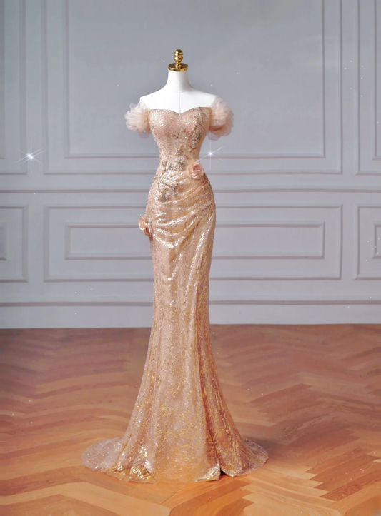Funkelndes Meerjungfrauen-Kleid in Rosé mit schulterfreiem Ausschnitt und Ärmeln, langes formelles Ballkleid, Abendkleid, Partykleid AQ065